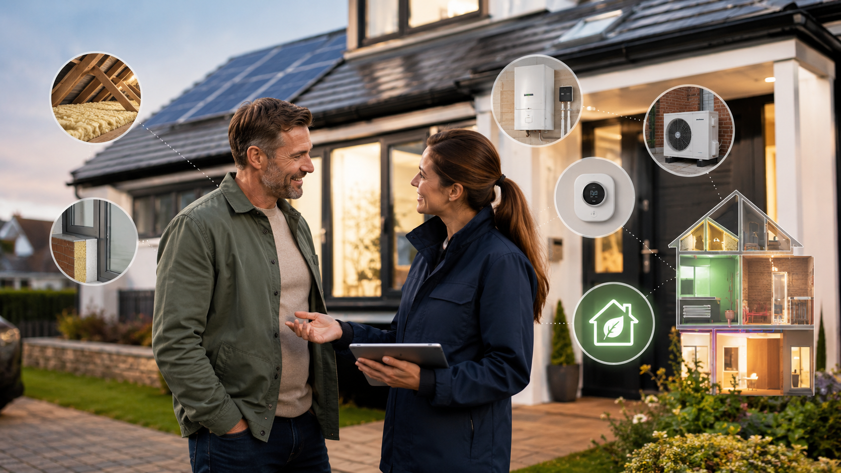 Sublime adviser explaining funded home energy upgrades to a UK homeowner